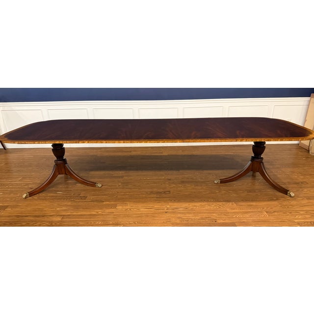 Leighton Hall Furniture Traditional Mahogany Scallop Cornered Double Pedestal Mahogany Dining Table by Leighton Hall - Showroom Sample For Sale - Image 4 of 15
