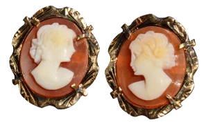 The Matancitas: Ladies Antique 14K Gold Italian Carved Cameo Stud Earrings, 2 Pieces
