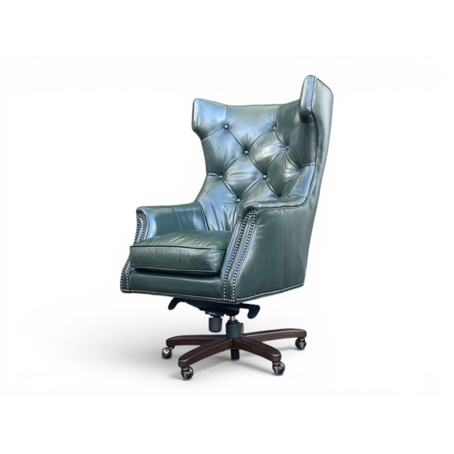 1960s 1960s English Traditional Distressed Green Leather Wingback Executive Swivel Chair For Sale - Image 5 of 12
