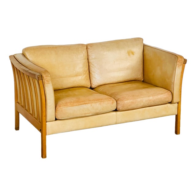 Vintage Scandinavian Sofa in Beige Leather and Wood from Stouby, 1960s For Sale