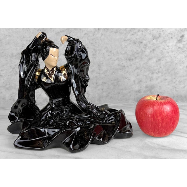 - Original Mid 20th Century Chinoiserie Dancer Sculpture - Black Porcelain with Original Glazed Finish - Hand Painted Gold...
