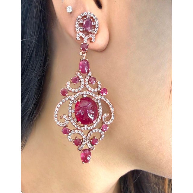 Pink Bochic “Capri” Vintage Ruby & White Topaz Earrings Set In 18K Gold & Silver For Sale - Image 8 of 10