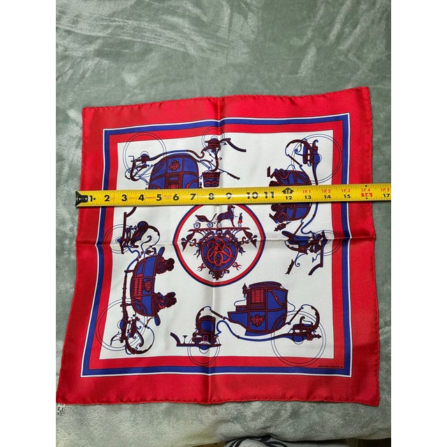 Vintage Hermès Paris 100% Silk Scarf 16x16 Red Blue Carriage Equestrian For Sale In New York - Image 6 of 8
