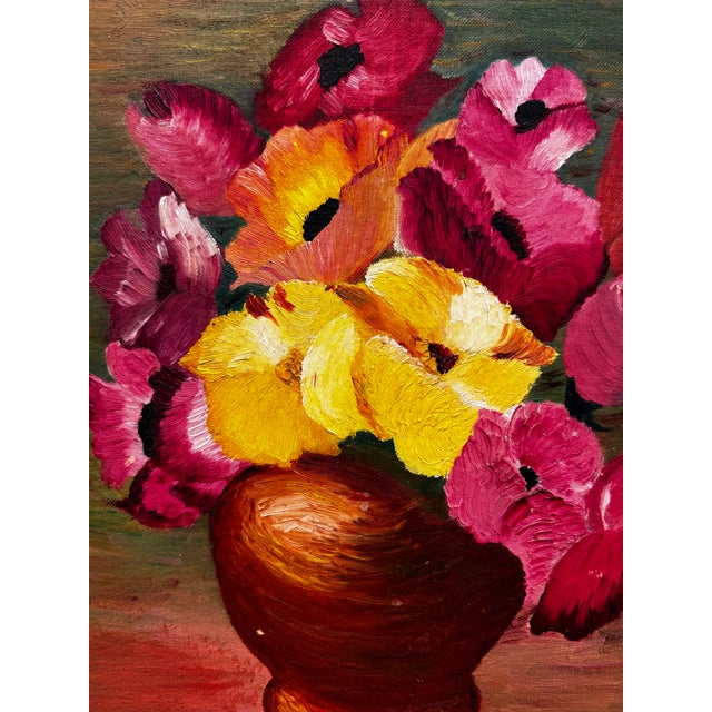 Vintage Mid Century Impressionist "Poppy" Floral Still Life Original Oil Framed Painting in Bottle Green, Dark Pink & Canary Yellow For Sale - Image 12 of 12