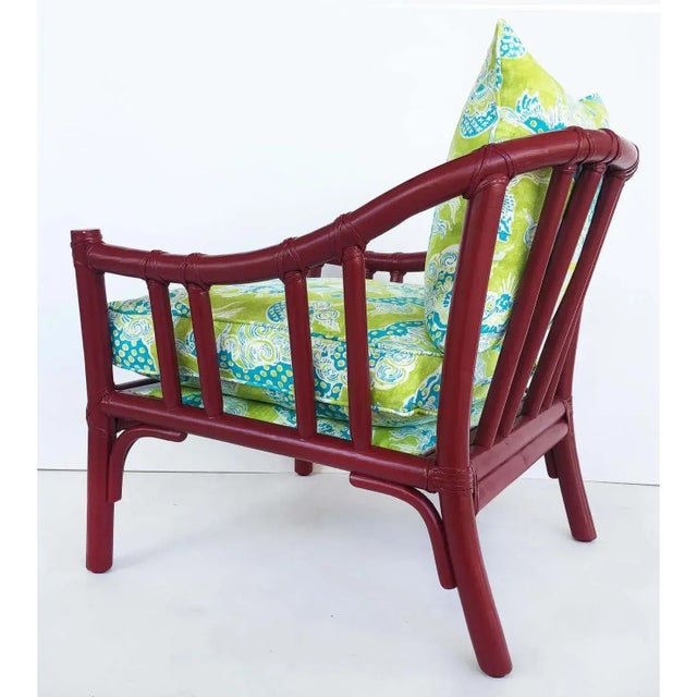 Wood 1970s McGuire San Francisco Rattan Club Chairs, Brunschwing & Fils Fabric- A Pair. For Sale - Image 7 of 9