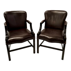 George III Style Mahogany & Leather Armchairs -A Pair