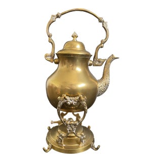 Antique Ornate Brass Tilting Teapot With Stand and Warmer For Sale