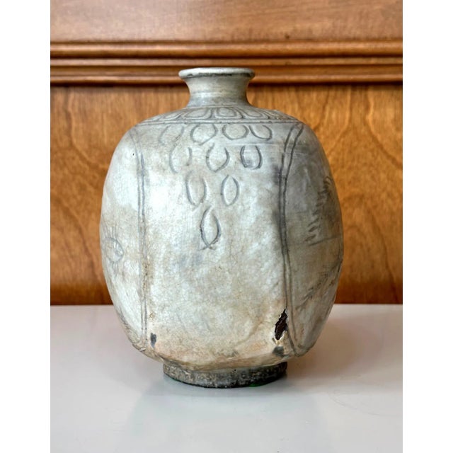 Antique Korean Buncheong Flat Bottle Vase with Incised Designs For Sale - Image 10 of 12