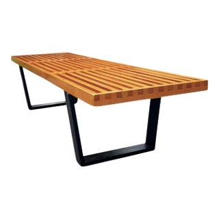 Vintage Mid-Century Modern Slat Bench in Natural Wood With Black Dovetail Legs – Newly Refinished For Sale