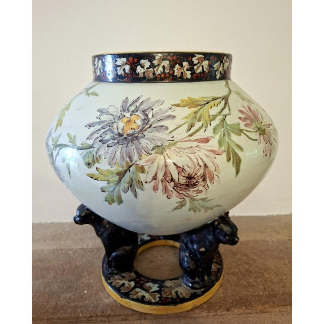 Large 20th Century Polychrome Earthenware Cachepot with Floral Decoration Resting on Three Panthers, 1920s For Sale - Image 6 of 7