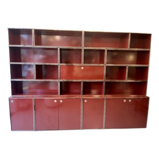 Modular Shelving Unit in Burgundy Red Lacquered Wood and Chromed Metal Frame, Italy, 1970s For Sale