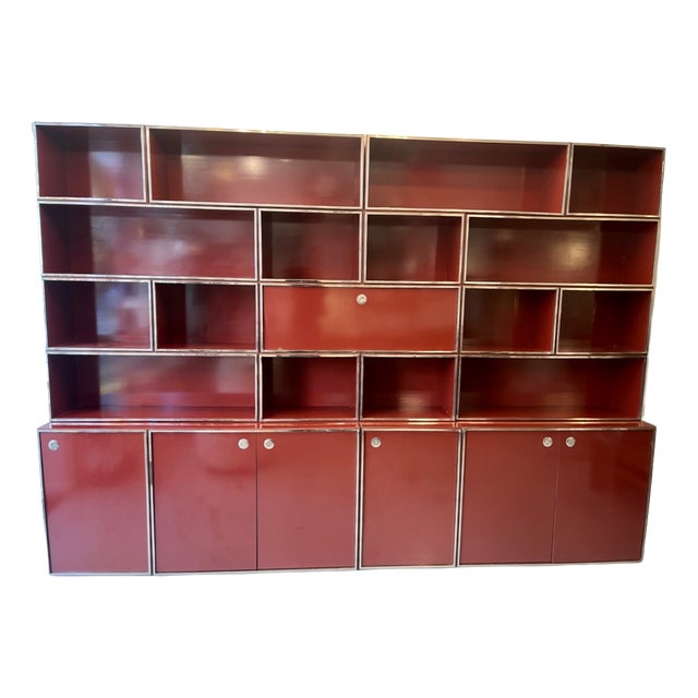 Modular Shelving Unit in Burgundy Red Lacquered Wood and Chromed Metal Frame, Italy, 1970s For Sale