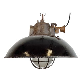 Industrial Black Enamel and Cast Iron Cage Pendant Light from Elektrosvit, 1960s For Sale