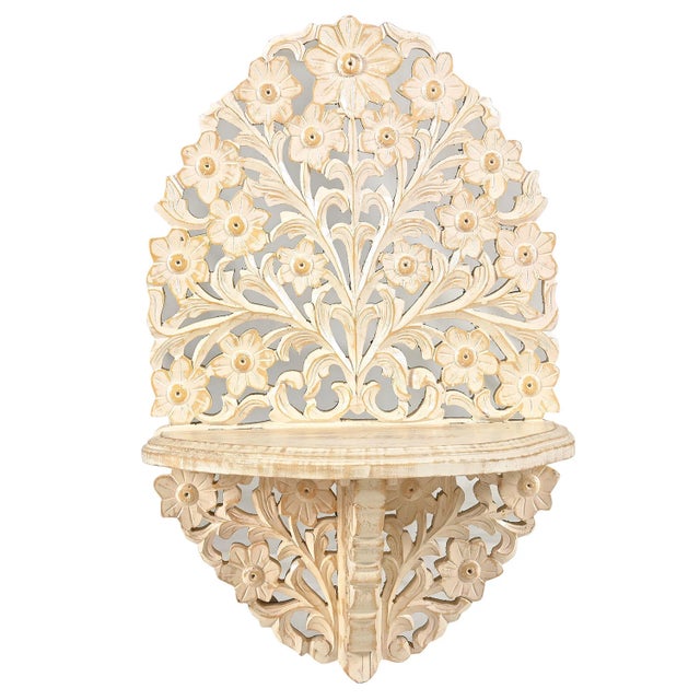 Hand Carved Wood Wall Shelf With Lattice Detail | Rustic Farmhouse Floating Display | 24" Distressed Boho Hanging Shelf for Entryway Decor For Sale In Houston - Image 6 of 6
