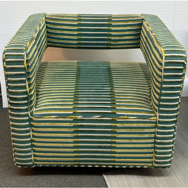 Design Plus Gallery presents a Custom Restoration Hardware Drew Swivel Chair. The chair was reupholstered in a strikingly...