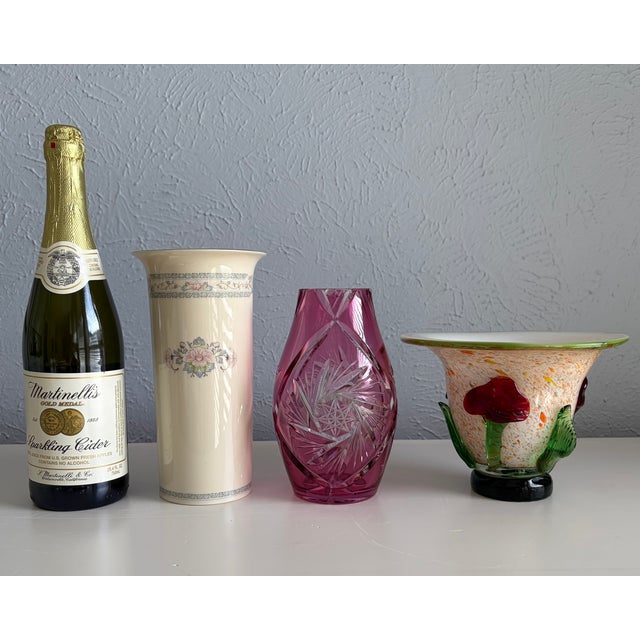 Traditional Set of Vintage Vases - Pink Glass, Floral Ceramic & Applied-Flower Glass For Sale - Image 3 of 13