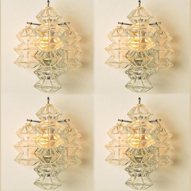 Mid century modern vintage glass chrome pagoda sconces by kalmar, circa 1969, austria vienna. Each sconce shows 3...