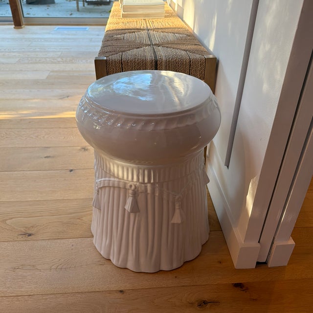 Late 20th Century Vintage White Glazed Ceramic Garden Stool With Draped Rope and Tassel Design For Sale - Image 5 of 9