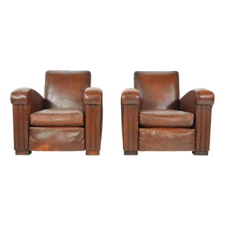 Pair of Vintage Tank Art Deco Leather Club Chairs For Sale