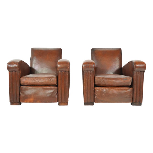 Pair of Vintage Tank Art Deco Leather Club Chairs For Sale