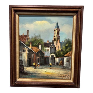 This Vintage Framed Oil Painting Is Signed "Mary Botto" and Depicts a Charming European Village Street Scene With Old-World Stone Buildings. For Sale