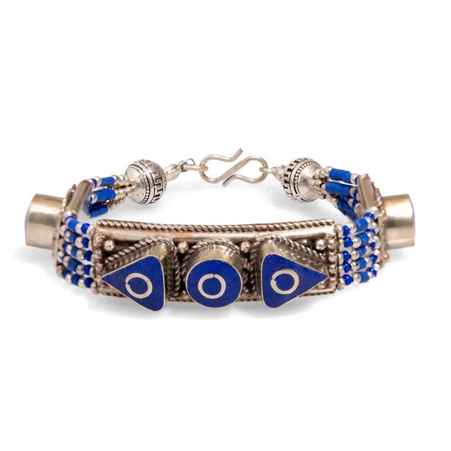 Gemstone Nepal Design Lapis Lazuli & Silver Bohemian Bracelet For Sale - Image 7 of 7