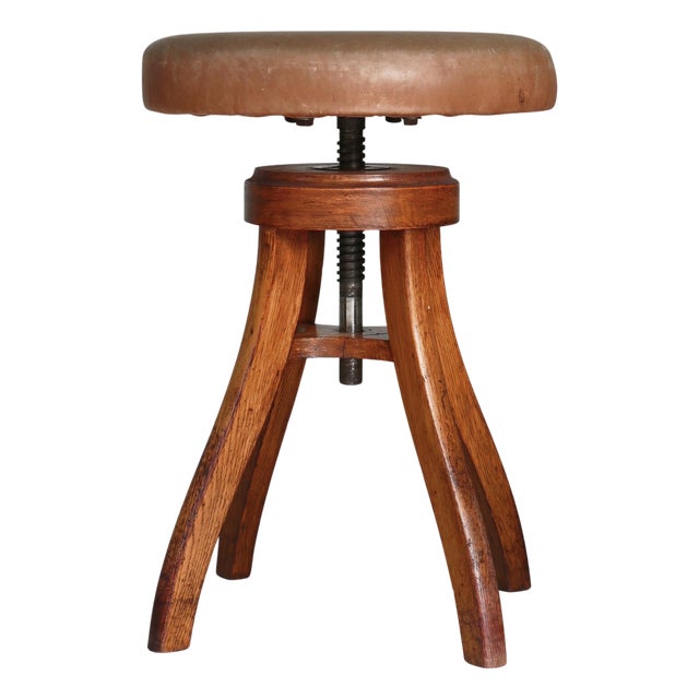 Danish Modern Swivel Stool in Patinated Leather & Oak from Fritz Hansen, 1930s For Sale