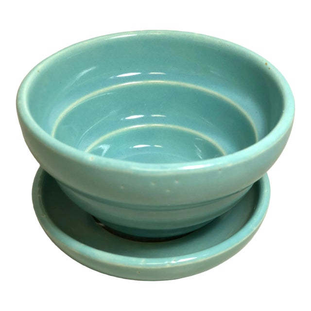 McCoy Pottery 1940s - 1960s Small “Teal Blue" Mid-Century Flowerpot and Saucer For Sale