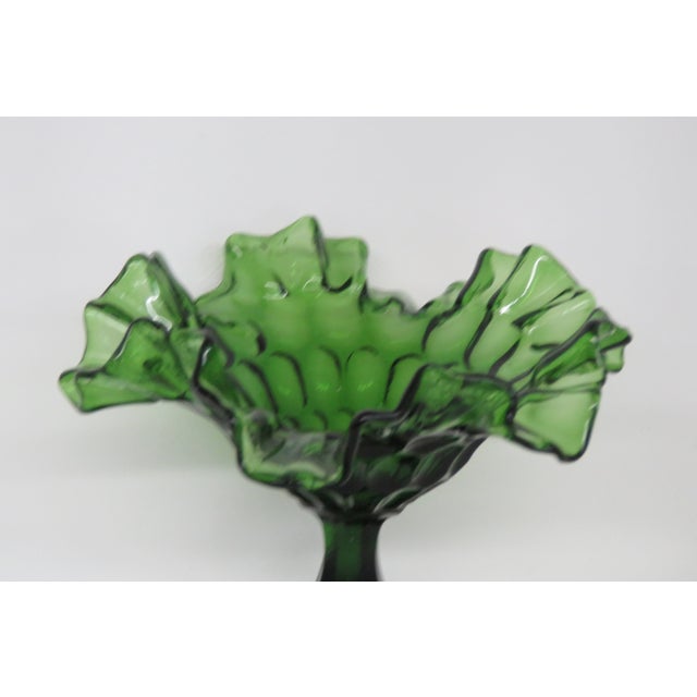 Fenton Art Glass Company Fenton Green Thumbprint Style Ruffled Pedestal Large Compote Candy Dish 4570b For Sale - Image 4 of 15