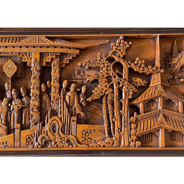 Glass Mid 20th Century Monumental Hand-Carved Asian Narrative Coffee Table With Pagodas, Figures & Original Glass Top For Sale - Image 7 of 11