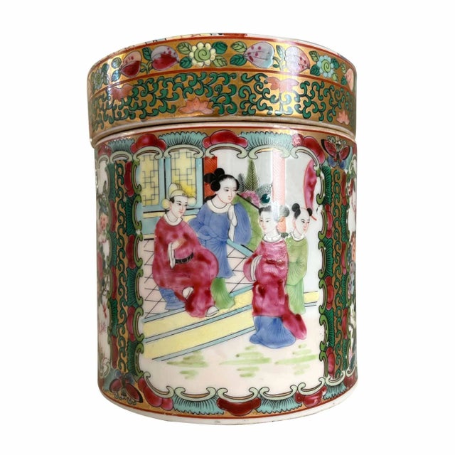 Vintage Famille Rose Hand-Painted Porcelain Spice Jar/Decorative Tea Jar with Lid. The paintings on the jar depict...