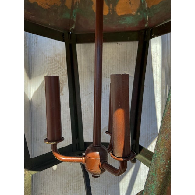 Mid 20th Century Mid-Century French Large Scale Hexagon Copper / Cast Iron & Brass Three Light Lanterns - Pair For Sale - Image 5 of 6