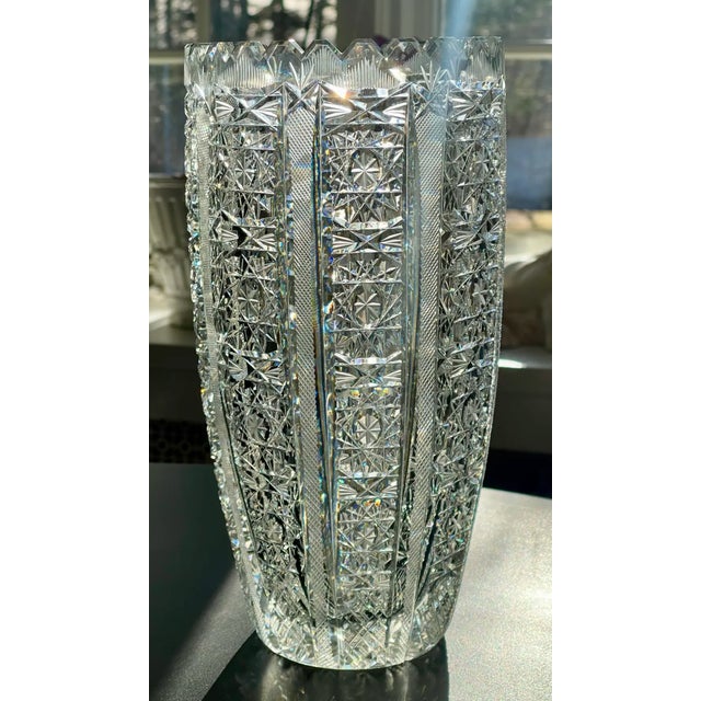 Stunning and tall, American Brilliant glass vase with a glittering hobstar design with contrasting diamond pattern bands....