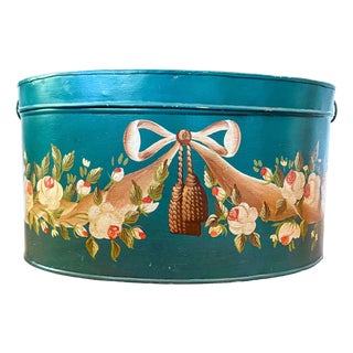 1970s Maitland-Smith Hand Painted Oval Tole Style Storage Box With Floral Garland Motif For Sale