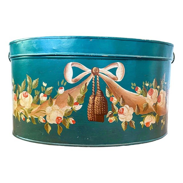 1970s Maitland-Smith Hand Painted Oval Tole Style Storage Box With Floral Garland Motif For Sale