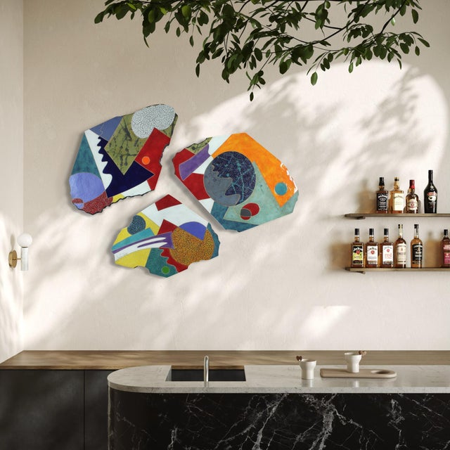 2020s "The Edge of Time" by Michael Gustavson, Raku Ceramic Triptych Wall Sculpture, Olive Navy Orange and Teal Glaze, Contemporary California Art For Sale - Image 5 of 8