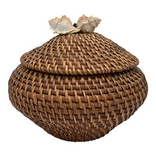 1980s Vintage Woven Basket With Shell Handle For Sale