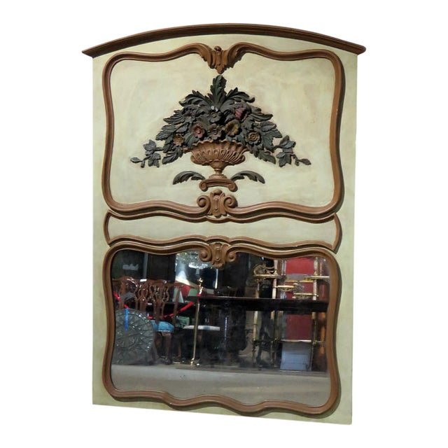 Carved French Creme Painted French Trumeau Mirror W Urn With Spray of Flowers For Sale