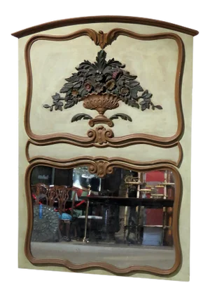 Carved French Creme Painted French Trumeau Mirror W Urn With Spray of Flowers