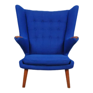 Blue Fabric and Teak Papa Bear Chair by Hans J. Wegner, 1970s