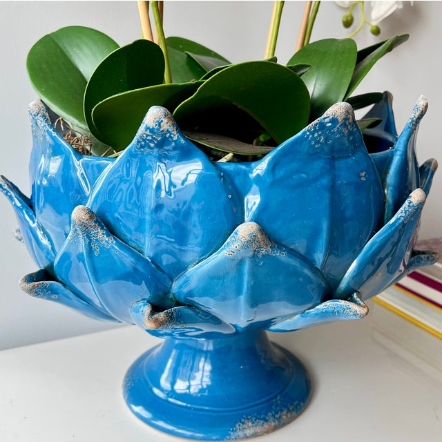 Rustic European Italian Majolica Artichoke Pedestal Bowl, Mediterranean Blue For Sale - Image 3 of 6