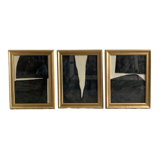 Wabi Sabi Abstract Triptych Art Black and Ivory Acrylic Painting Set Gold Frames by Tatiana Duperault Modern Minimalist Japanese Technique For Sale