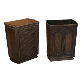 Pair Vintage Pearl-Wick Wastebaskets Faux Wood Brown, Circa 1960s For Sale