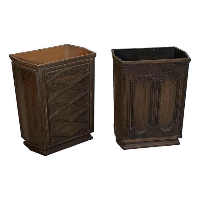 Pair Vintage Pearl-Wick Wastebaskets Faux Wood Brown, Circa 1960s For Sale