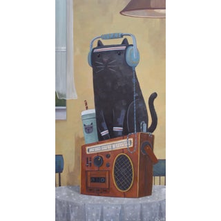 Getting the Eye of the Tiger by Nathan Durfee | Oil on Panel Black cat with headphones on a vintage radio. For Sale