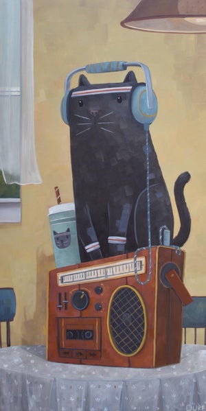 Getting the Eye of the Tiger by Nathan Durfee | Oil on Panel Black cat with headphones on a vintage radio.