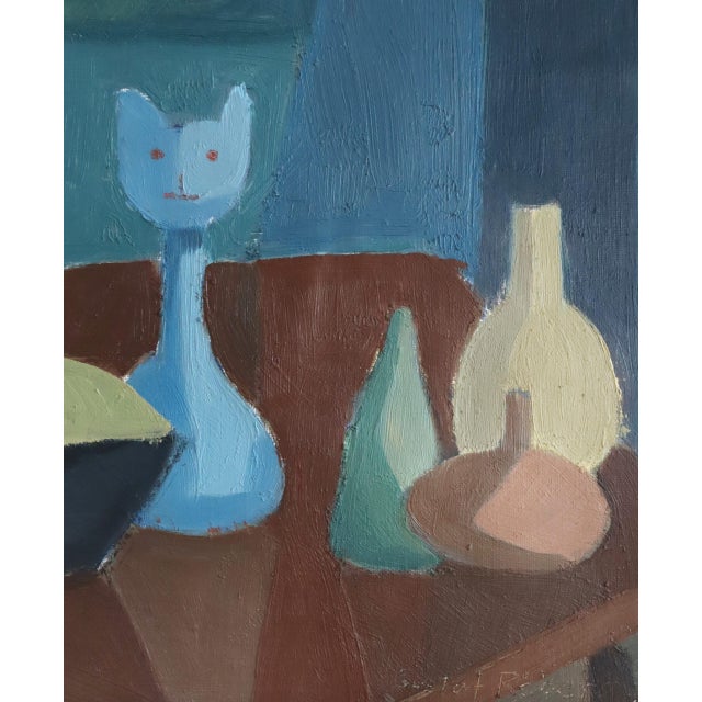 Paint Mid-Century Modern 'Still Life With Cat Figurine' Vintage Swedish Original Geometric Interior Oil Painting, Framed For Sale - Image 7 of 10