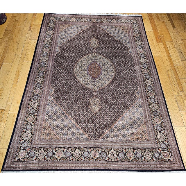 Antique Persian Tabriz Mahi Rug, Hand-Knotted Wool & Silk, Herati Geometric Pattern, Navy & Ivory, 9x12 For Sale - Image 17 of 18