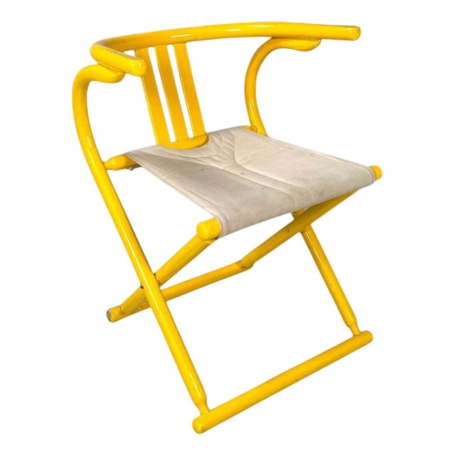 Italian Postmodern Folding Tub Chair in Yellow Wood and Beige Fabric, 1980s For Sale