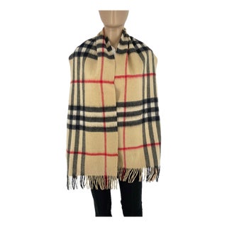 Burberry Light Beige Plaid 100% Cashmere Scarf For Sale